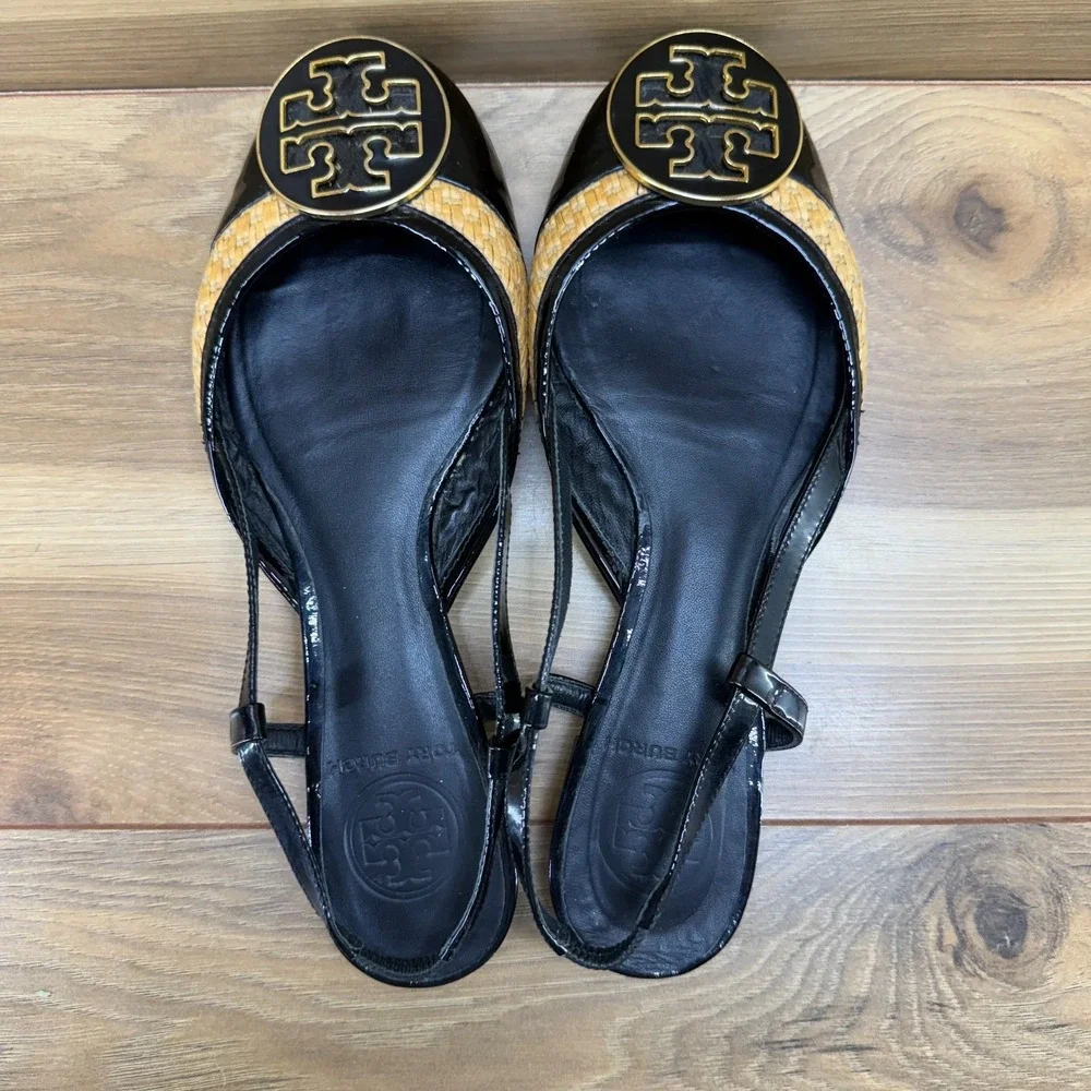 Tory Burch Jolie Woven Raffia Reva Flats Womens 6.5 Black Gold Slingback